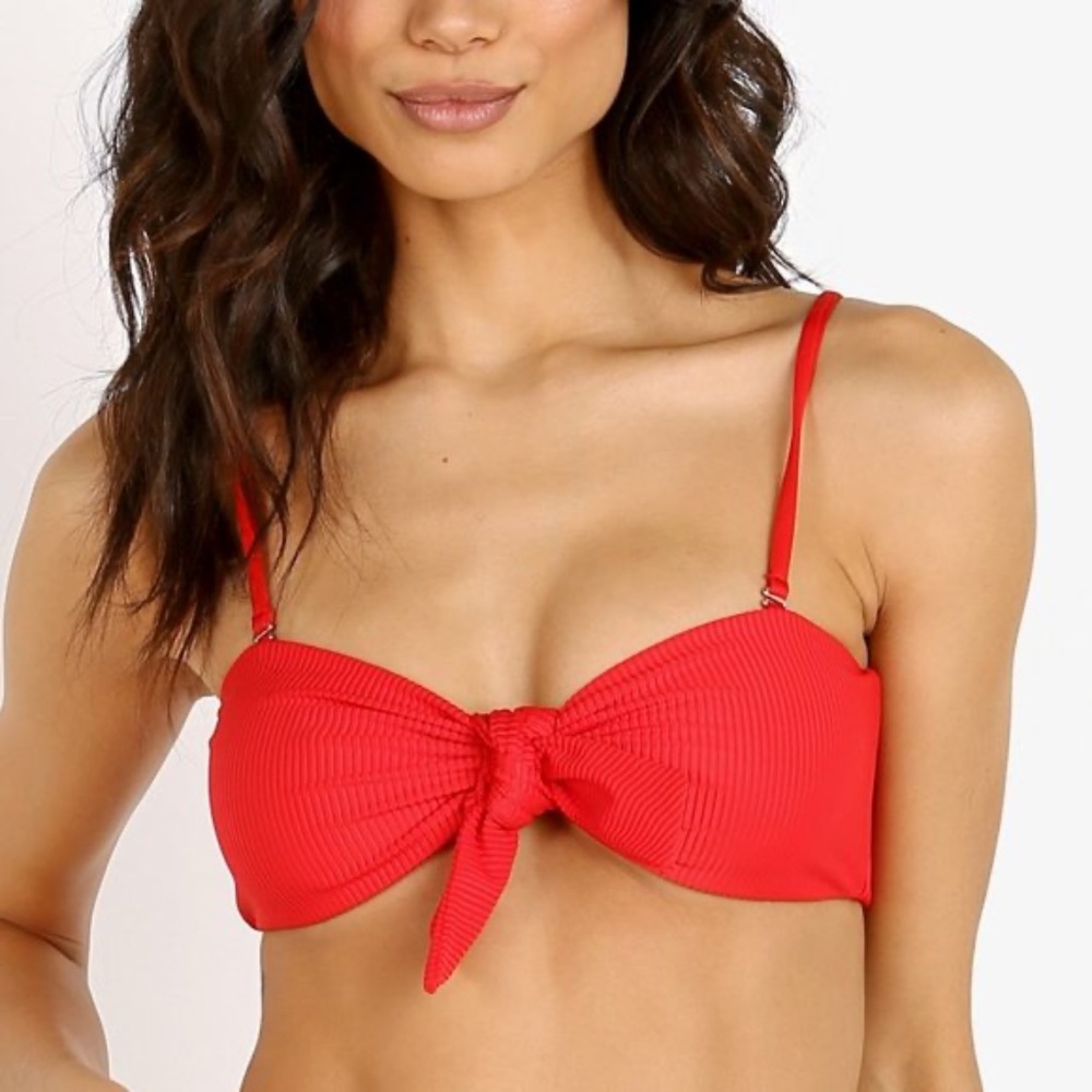 Frankie’s Bikinis Enzo red tie front ribbed butter soft top S